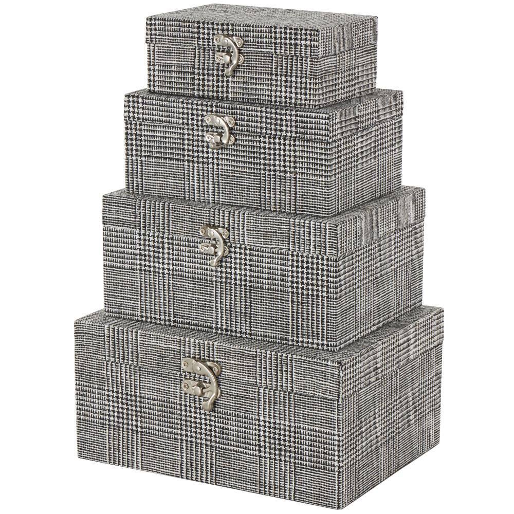 Handmade Black and White Fabric Storage Boxes with Silver Latches, Set of 4