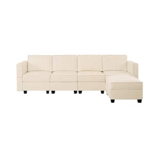 112.6 in. W Faux Leather 4-Seater Living Room Modular Sectional Sofa with Ottomanfor Streamlined Comfort in Beige