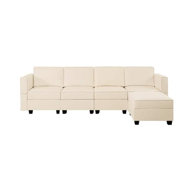 MAYKOOSH 112.6 in. W Beige Faux Leather 4-Seater Sofa with Ottoman with Storage, Sectional Sofa 1 Piece Living Room Suite