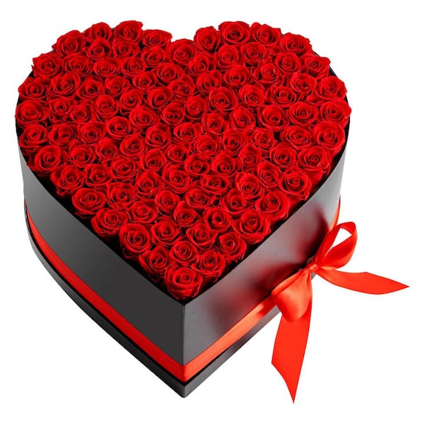 Heart-Shaped Box with 100 Preserved Roses, 8.66 in. Red Indoor Artificial Rose in Black Basket Container, Long-Lasting