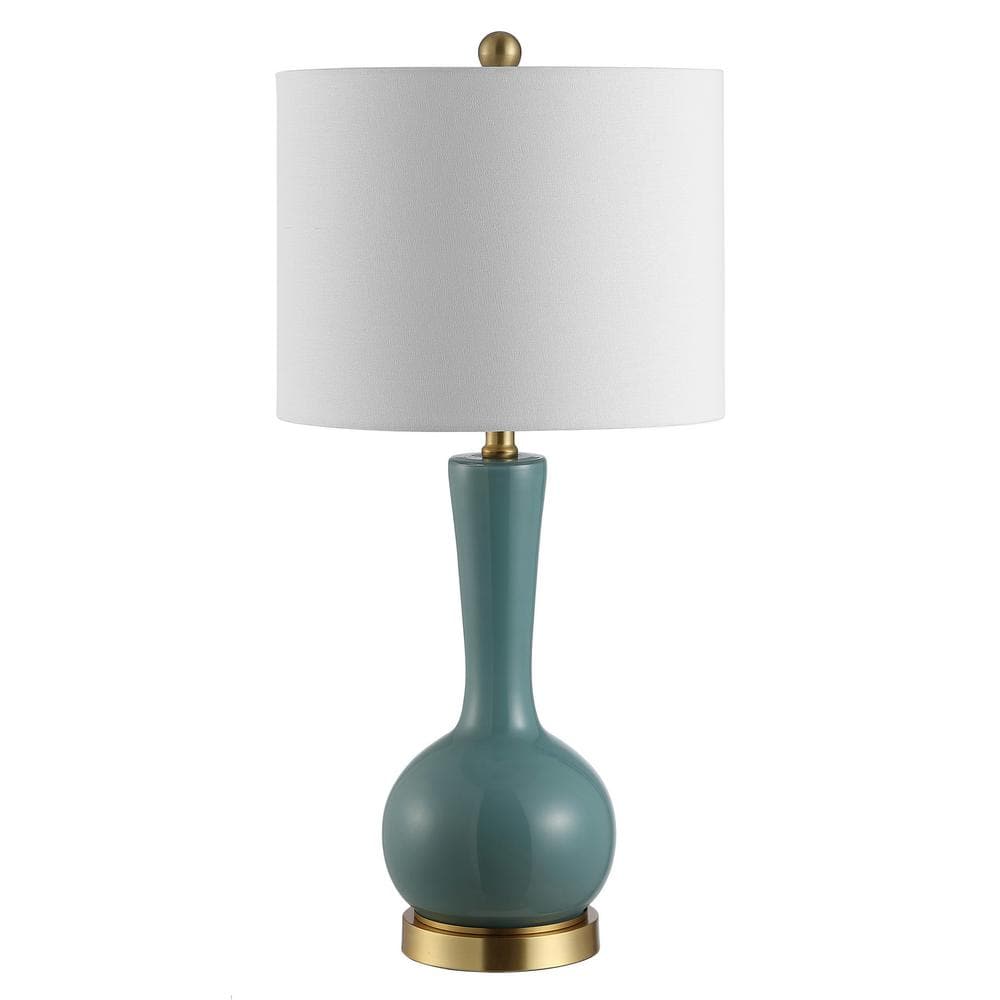 Teal and White Glass Gourd Table Lamp with Drum Shade