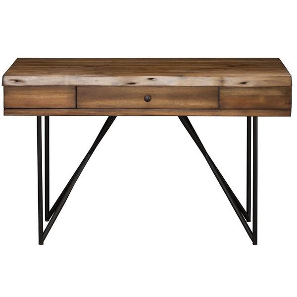 Alpine Furniture Live Edge 1-Drawer Writing Desk, Light Walnut 30 in. H x 48 in. W x 19.5 in. D