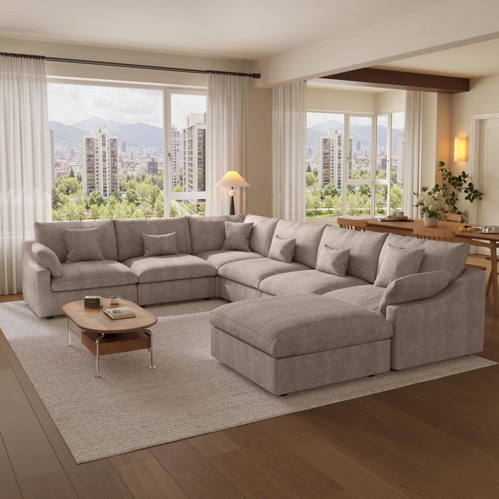 155.9 in. Slope Arm 7-Piece Linen Down U Shape Sofa Free Combination Couch with Ottoman, Removable Covers in Brown