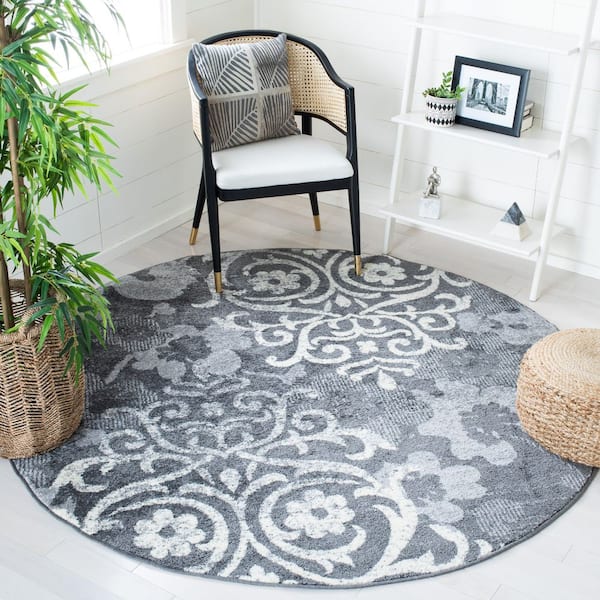 Adirondack 7 ft. x 7 ft. Charcoal/Ivory Floral Flower Round Rug