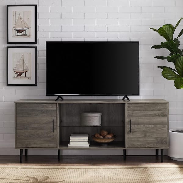 Walker Edison Furniture Company 60 in. Mid-Century Modern Slate Gray Wood TV Stand with Glass Shelf (Max TV Size 68 in.)