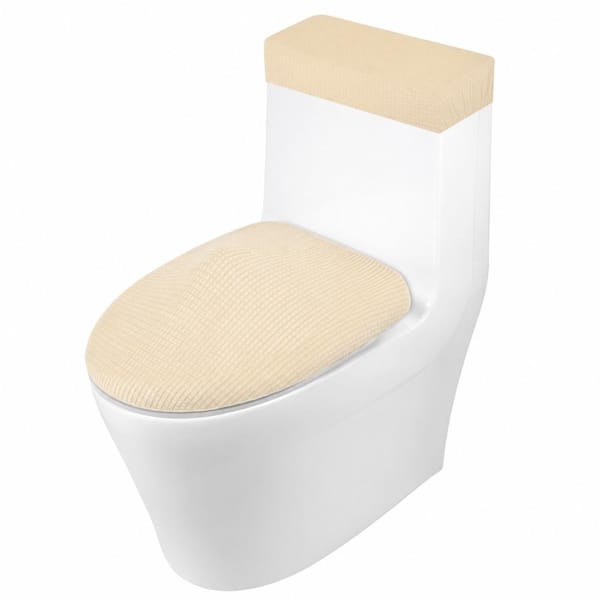 Jacquard Toilet Lid and Tank Cover Set, Stretchy Polyester Spandex, Beige, Fits 15-21 Lid and 13-17 Tank
