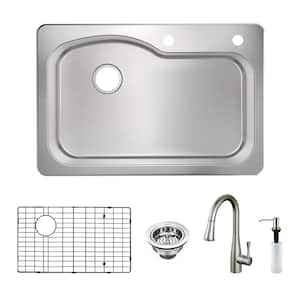Belmar Dual Mount 18-Gauge Stainless Steel 33 in. 2 Hole Single Bowl Kitchen Sink with Grid, Drain, Faucet and Soap Pump