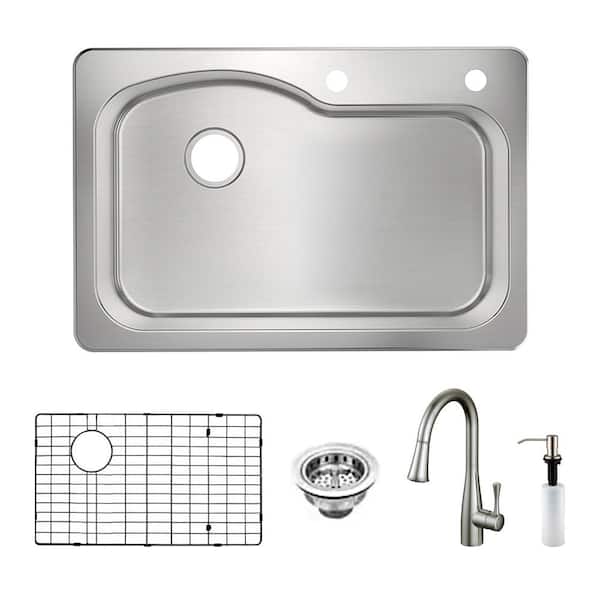 Dual Mount 18-Gauge Stainless Steel 33 in. 2-Hole Euro Style Single Bowl Kitchen Sink with Grid and Drain Assembly Dual Mount 18-Gauge Stainless Steel 33 in. 2-Hole Euro Style Single Bowl Kitchen Sink with Grid and Drain Assembly
