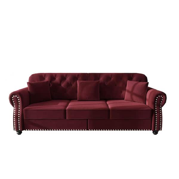 Polibi 82.6 in. Rolled Arm Velvet Rectangle Sofa in Burgundy with