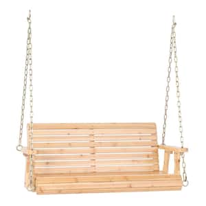 4 ft. Natural Wood Patio Porch Swing with Adjustable Chains, Support 880 lbs., Durable PU Coating