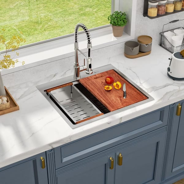 Drop-In 25 in. Single Bowl 16-Gauge Stainless Steel Workstation Kitchen Sink with Cutting Board and Strainer