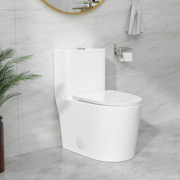 12 in. Rough-In 1-Piece 1.1/1.6 GPF Single Flush Elongated Ceramic Toilet in White, Seat Included