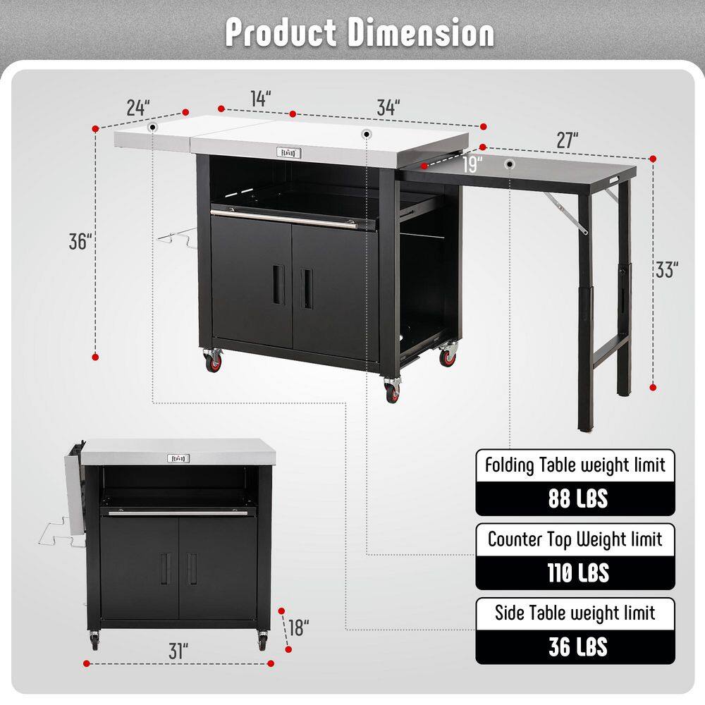 Black Stainless Steel Outdoor Kitchen Cart with Foldable Side Tables