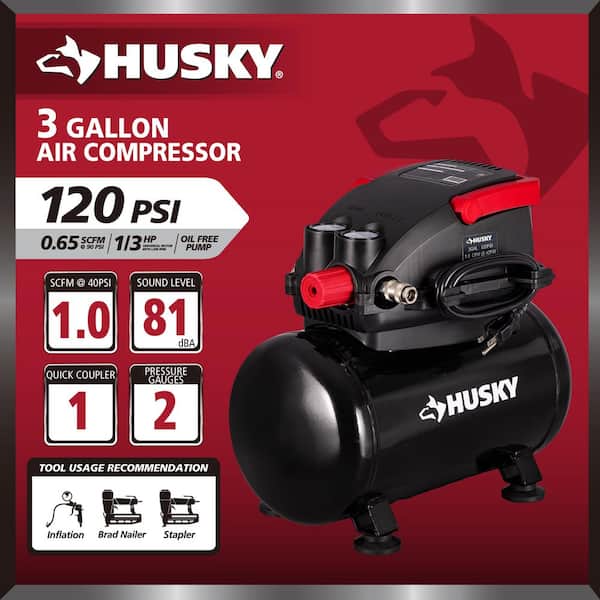 Husky 3 Gal. 120 PSI Portable Electric Oil-Free Light Duty Hotdog