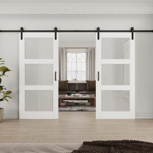 72 in. x 80 in. 3-Lite Tempered Frosted Glass White Primed MDF Composite Sliding Barn Door with Hardware Kit