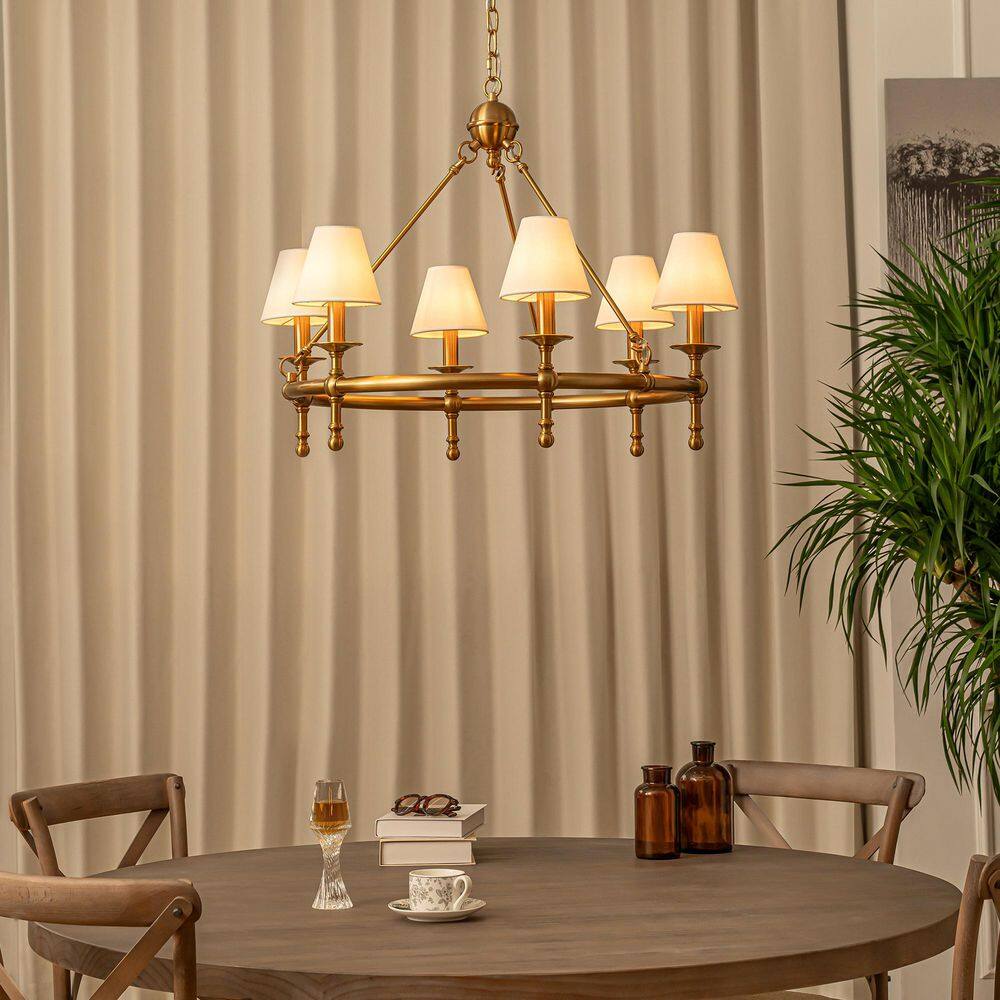 34 in. 6-Light W White Vitage Brass Chandelier Untique Classic Lighting with Fabric Lamp Shade for Dining Room price history on PriceWatchPro