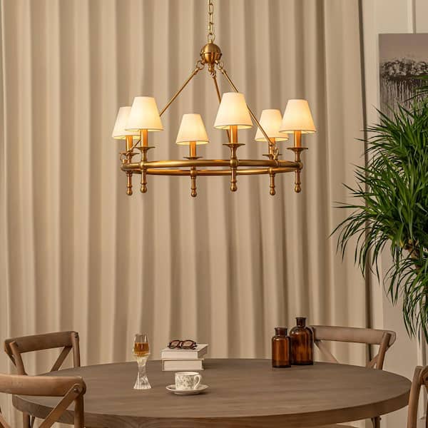 ALOA DECOR 34 in. 6-Light W White Vitage Brass Chandelier Untique Classic Lighting with Fabric Lamp Shade for Dining Room