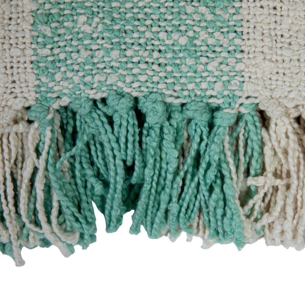Mint and Cream Hand-Woven Cotton Plaid Throw with Fringe