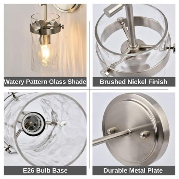 Nafissa 7.87 in. 1-Light Brushed Nickel Wall Light with Cylinder Clear Hammered Glass Shade for Bathroom Living Room