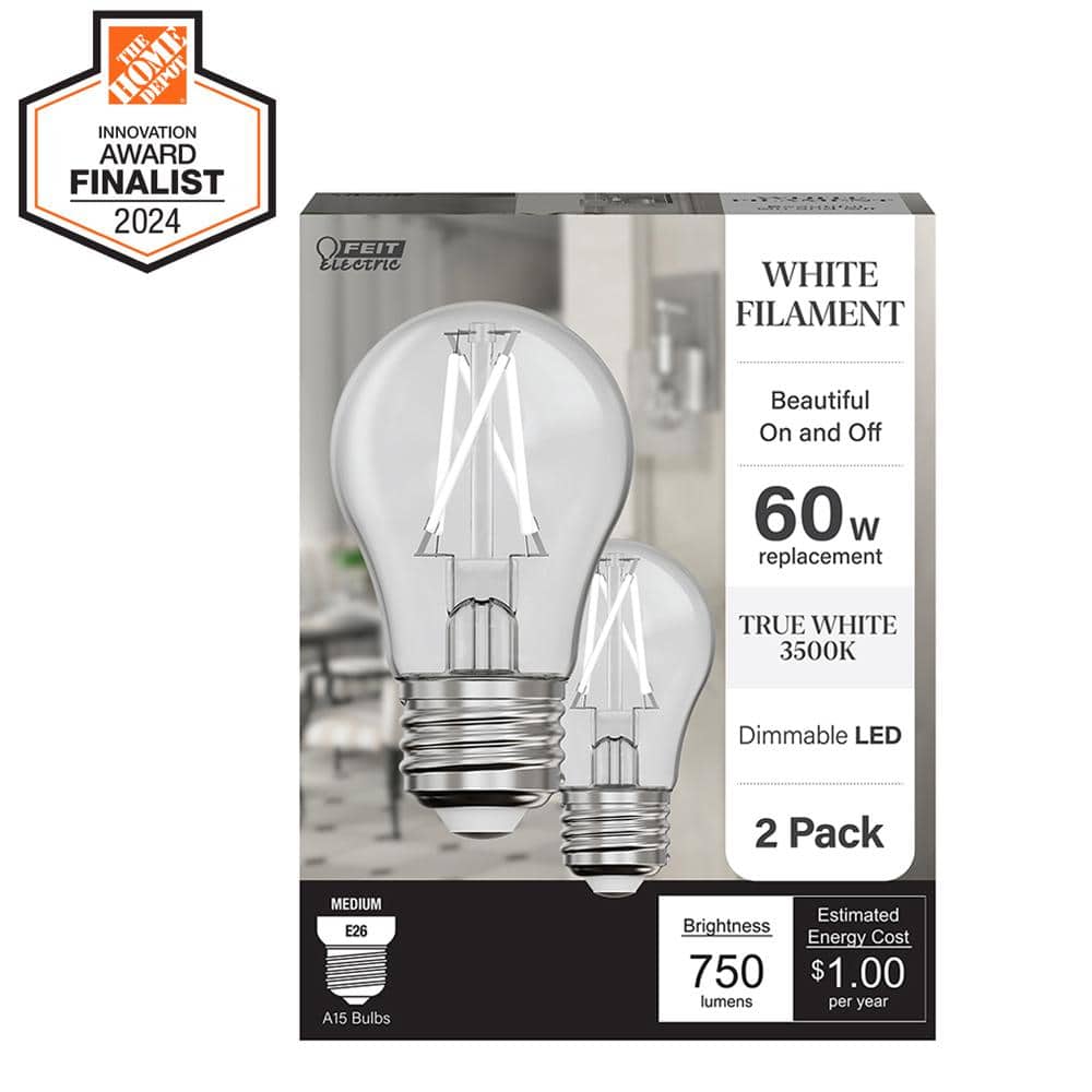 Feit Electric 60-Watt Equivalent A15 Dimmable White Filament CEC Clear Glass  E26 LED Ceiling Fan Light Bulb, True White 3500K (2-Pack)  A1560935CAWFILHDRP/2 - The Home Depot, image size:1000x1000