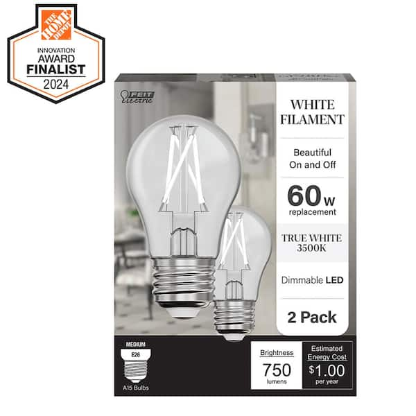 Feit Electric 60-Watt Equivalent A15 Dimmable White Filament CEC Clear Glass E26 LED Ceiling Fan Light Bulb, True White 3500K (2-Pack)