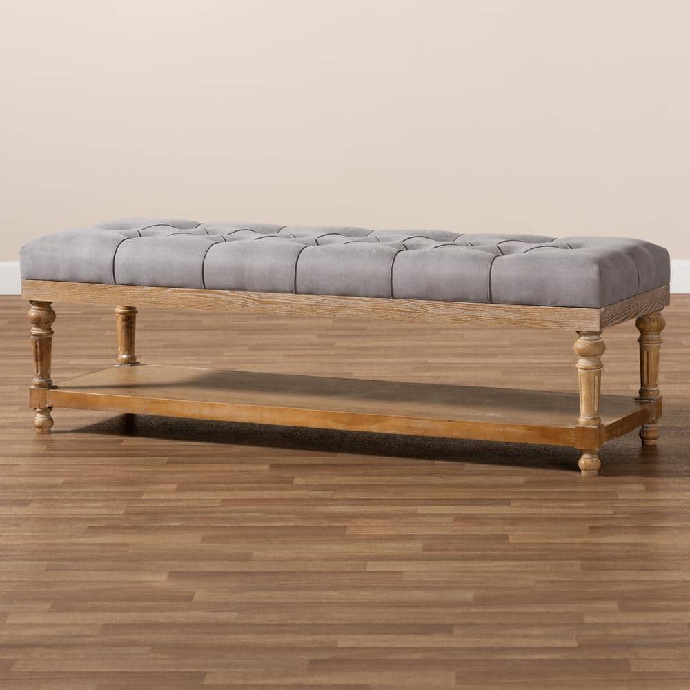 Linda Greywashed Wood and Linen Upholstered Storage Bench