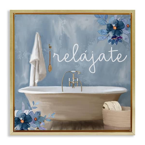 Stupell Industries Relax with Bathtub by Kim Allen Gold Floater Frame Typography Graphic Art Print 18 in. x 18 in.