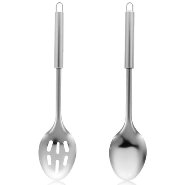 Silver Stainless Steel 13.4 In. Solid Cooking Spoon and Slotted Serving Spoon Dishwasher Safe (Set of 2)