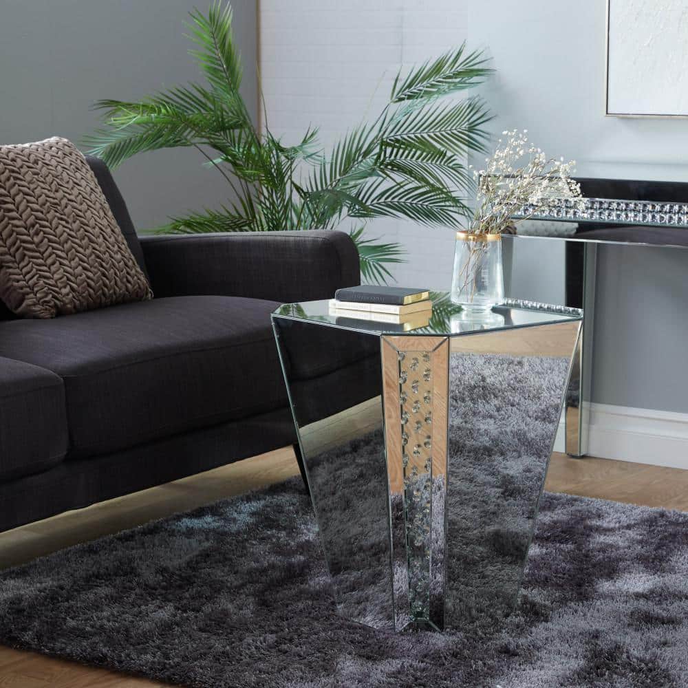 Silver Mirrored Geometric Wood and Glass Accent Table