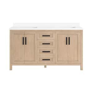 Nyall 60 in.  Double Sink Sahara Birch Bath Vanity with White Quartz Top (Assembled)