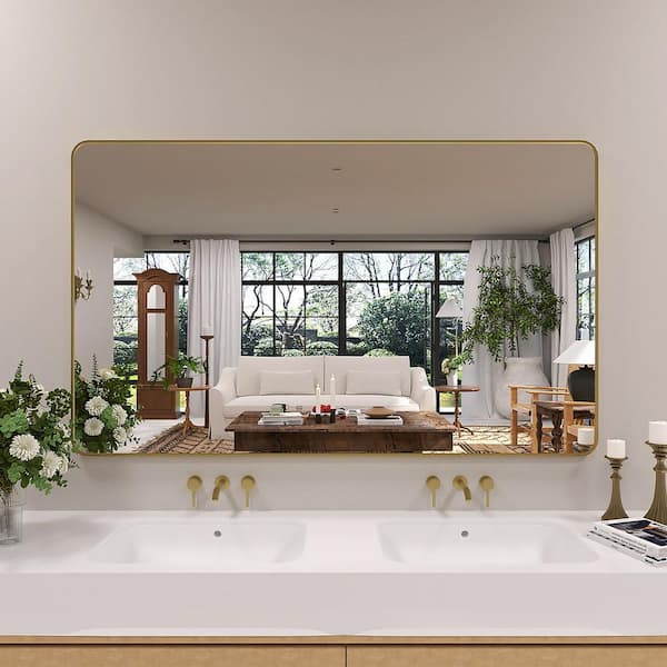 Dew 60 in. W x 36 in. H Rectangular Framed Wall Bathroom Vanity Mirror in Gold