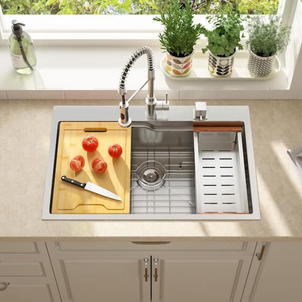 LORDEAR 33 in. Drop In Single Bowl 16-Gauge Stainless Steel Kitchen Topmount Sink with Ledge and Colander
