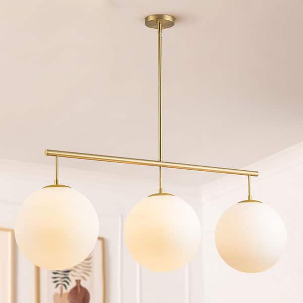 Rennnsan Priscilla 3-Light Modern Gold Linear Pendant Light with Opal Glass Globe Bubble for Kitchen Island