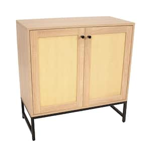 2-Door 31.5 in. W x 33 in. H Oak MDF Accent Cabinet with Shelf/Rattan Doors