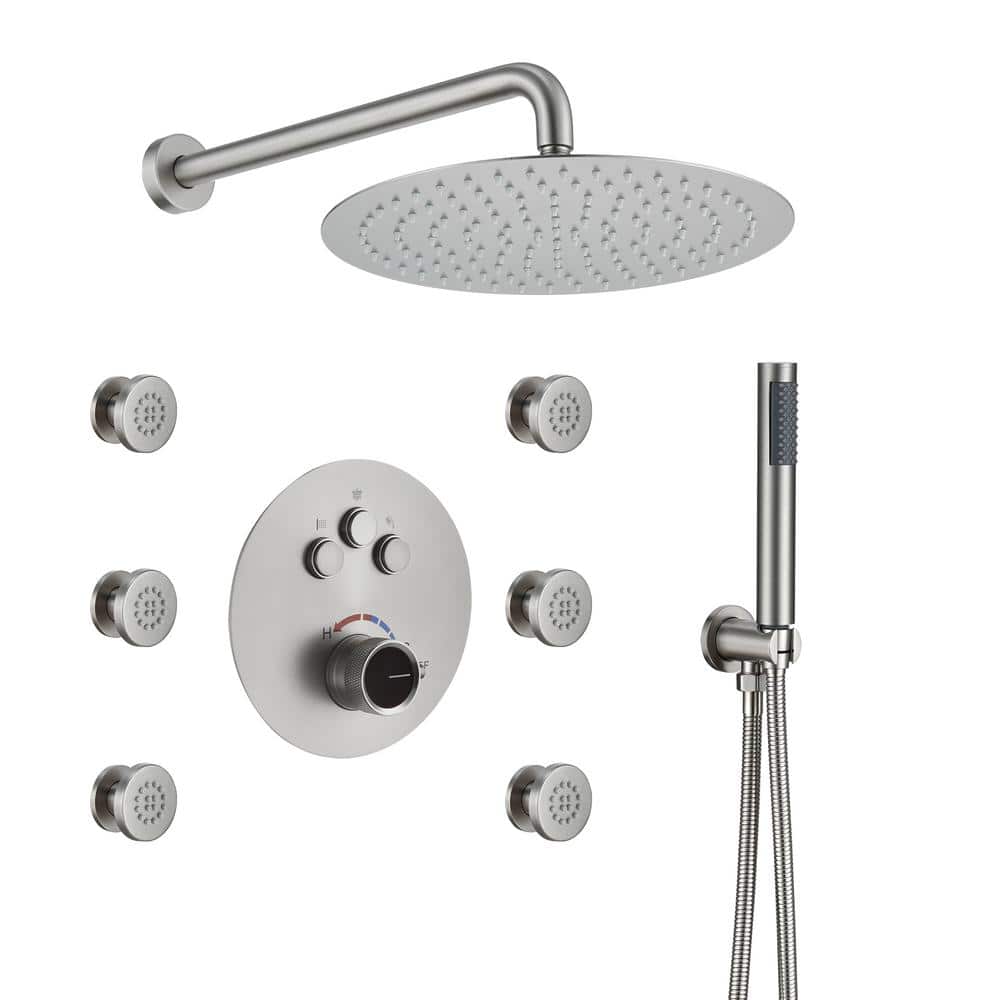 Brushed Nickel Dual Shower System with Rainfall and Body Jets