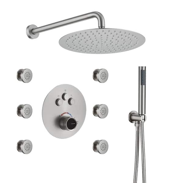 CASAINC 3-Spray 12 in. Wall Mount Dual Shower Heads and Handheld Shower Head with 1.8 GPM 6 Body Spray in Brushed Nickel