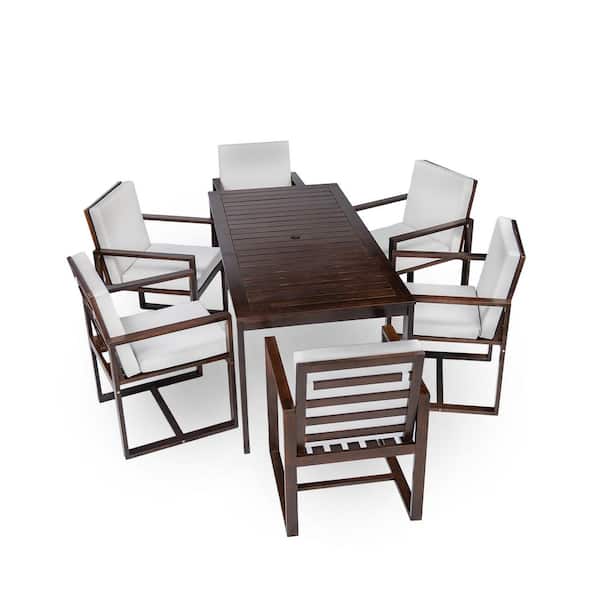 7-Piece Wood Outdoor Dining Set with Removable Brown Cushions, For Patio, Backyard and Garden