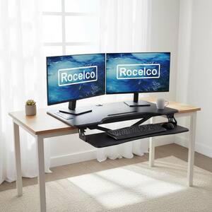 ROCELCO 37.4 in. W Beige Electric Standing Desk Converter with AC USB Charger, Motorized Lift, Dual Monitor Riser and Tray