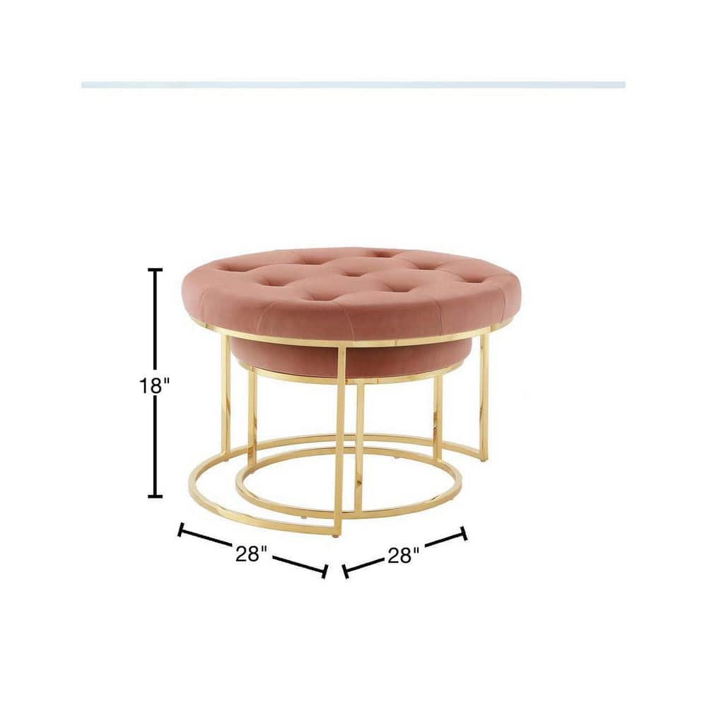 Blush Velvet Tufted Round Nesting Ottoman Set with Gold Base
