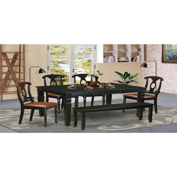 6-Piece Rectangle Black Finish Solid Wood Top dining Table with 1 Bench and 4 Chairs with Lattice Back