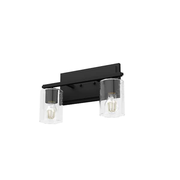 Hunter Kerrison 16 in. 2-Light Natural Iron Vanity-Light with Clear Seeded Glass Shades