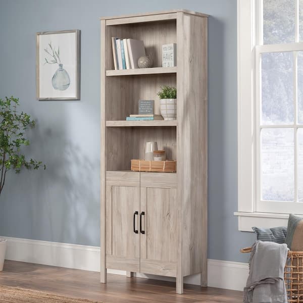 SAUDER Select 72.008 in. Tall Chalk Oak Engineered Wood 5-Shelf Standard Bookcase with Doors