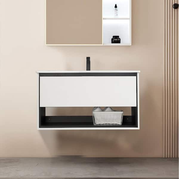 FUNKOL 36 in. W x 18 in. D x 20 in. H Bath Vanity in White with White Ceramic Top