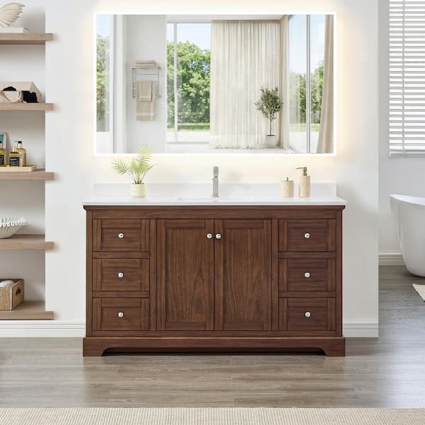 Avery 60 in. Single Freestanding Dark Walnut with Polished Chrome Trim Bath Vanity with White Quartz Top