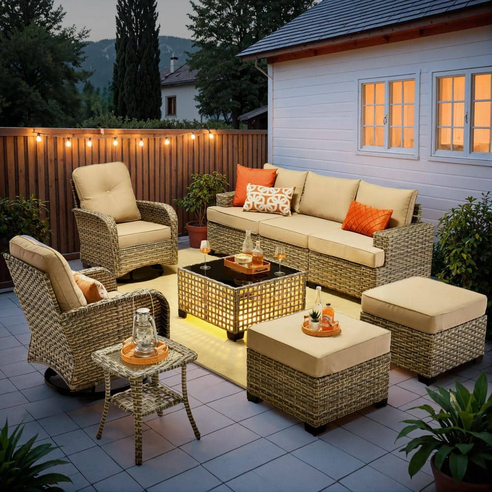 Tiberte Gray 9-Piece Wicker Patio Conversation Seating Set with Beige Cushions and Swivel Chairs