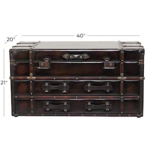 40 in. Brown Large Rectangle Faux Leather Vintage Faux Leather 2 Drawer Coffee Table with Buckle Hinged Top