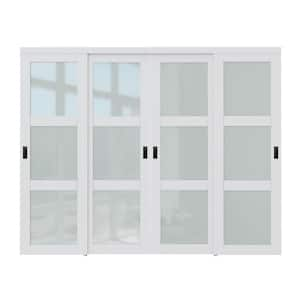 96 in. x 80 in. 3-Lite Frosted Glass White Primed MDF Interior Closet Sliding Door with Hardware and Black Handles