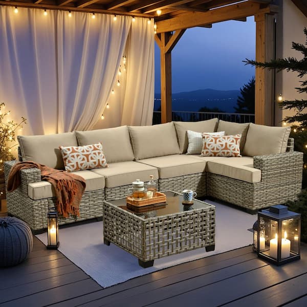 OVIOS Tiberty Gray 6-Piece Wicker Patio Conversation Seating Set with Beige Cushions