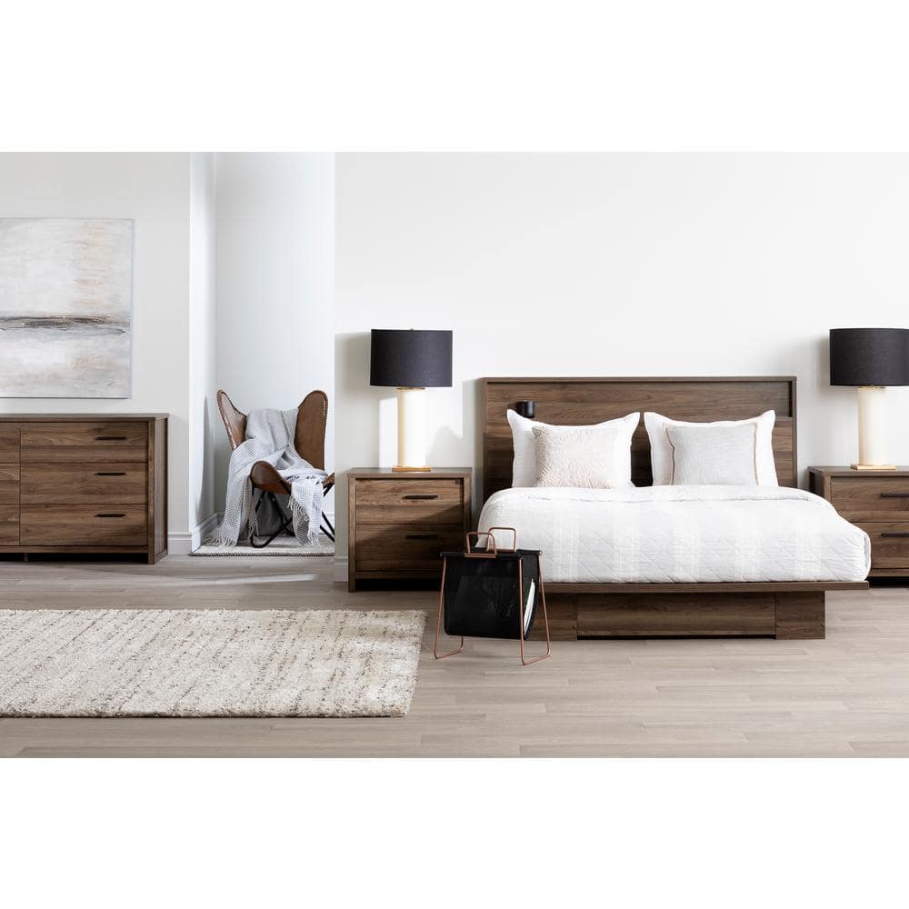 Natural Walnut 2-Drawer Nightstand with Black Handles