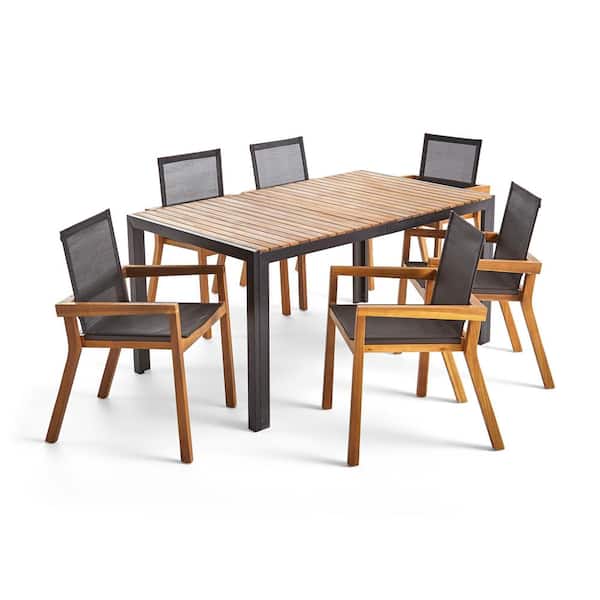 Lemyra Teak Brown 7-Piece Wood and Black Mesh Outdoor Dining Set